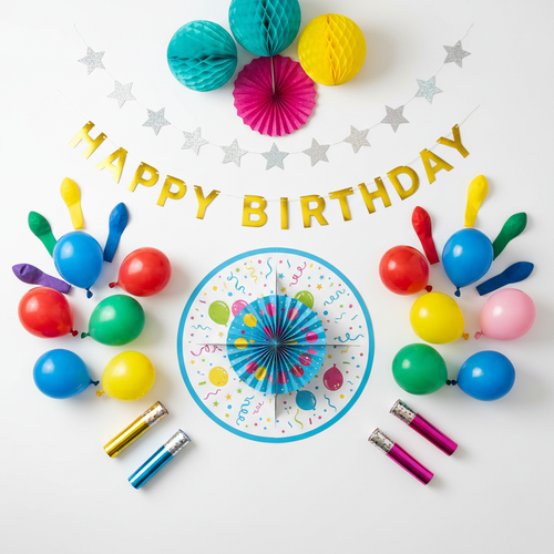 Party decoration kit with assorted latex balloons, gold foil banner, confetti poppers, table centrepiece and hanging paper decorations