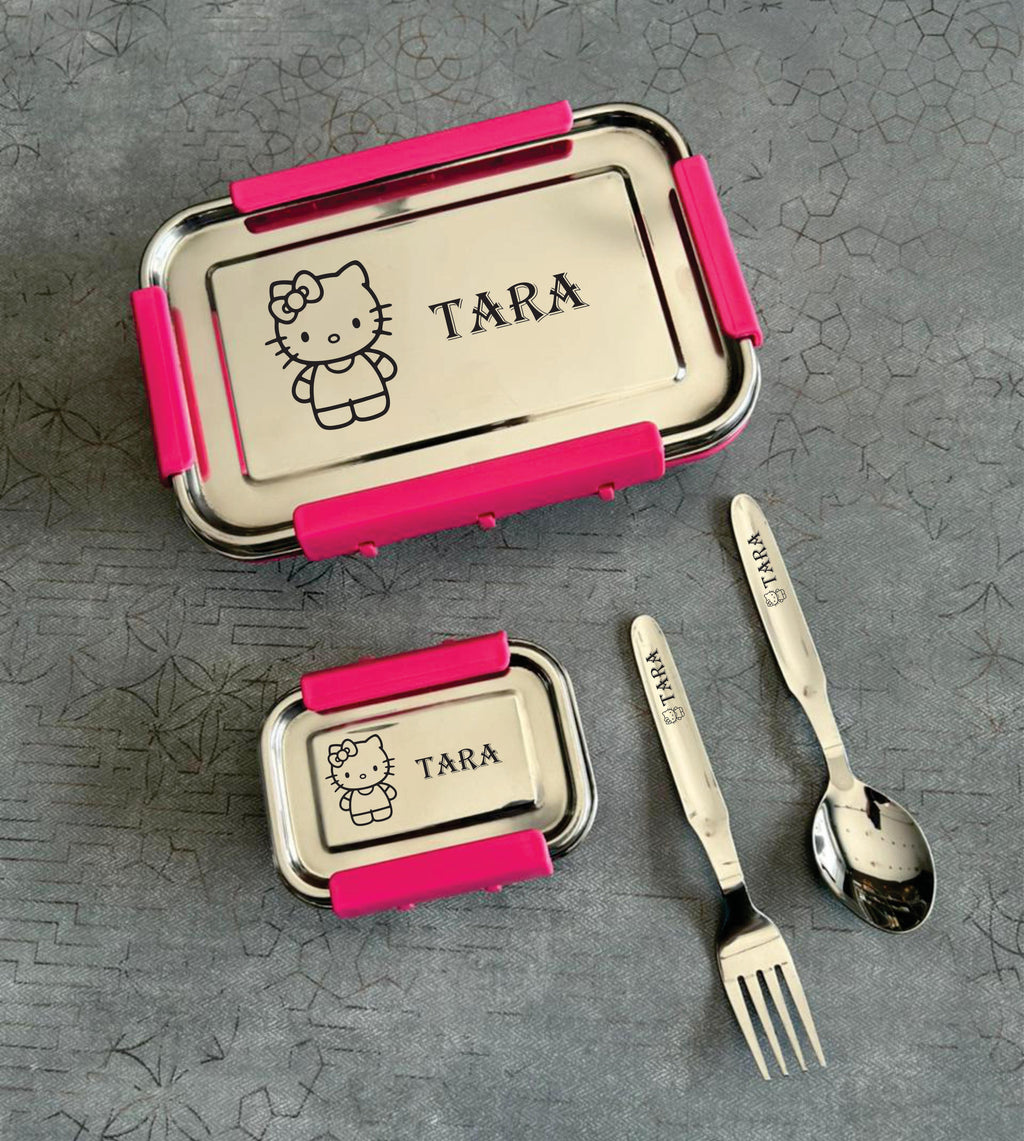 Personalized Stainless Steel Lunch Box Kit for Kids & Corporate Gifting | Custom Name Engraving Lunch Box Set