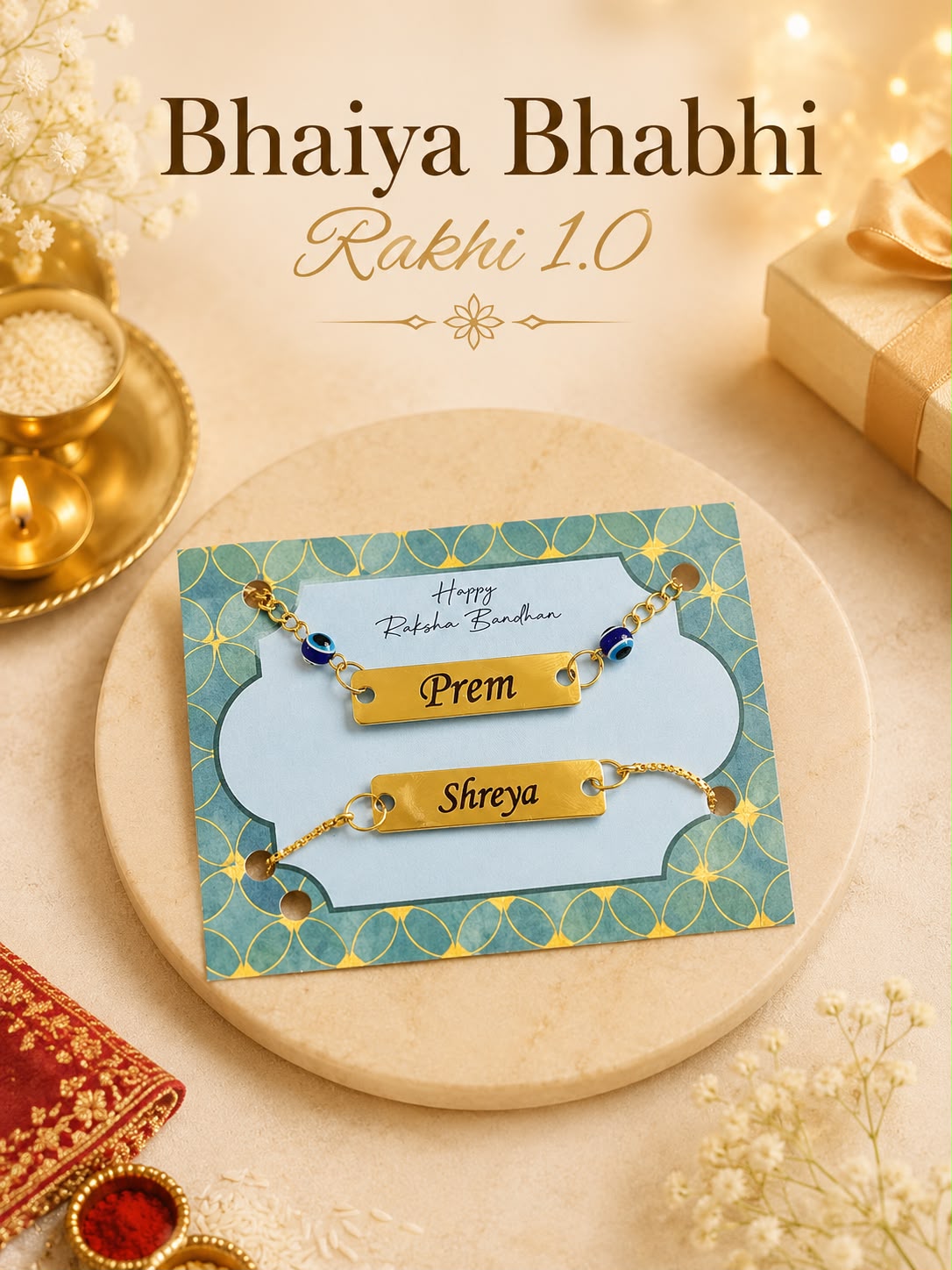 Personalized Bhaiya Bhabhi Rakhi Gift | Custom Name Rakhi Bracelet Set for Brother & Sister-in-Law | Raksha Bandhan Gift | Gifts Galore