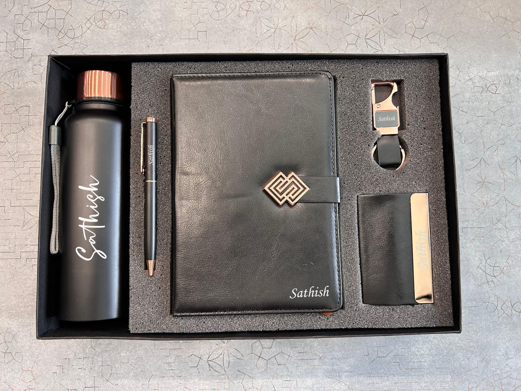Personalized Premium Corporate Gift Combo Set with Diary, Bottle, Pen & Card Holder  | Custom Name Engraved Gift Hamper