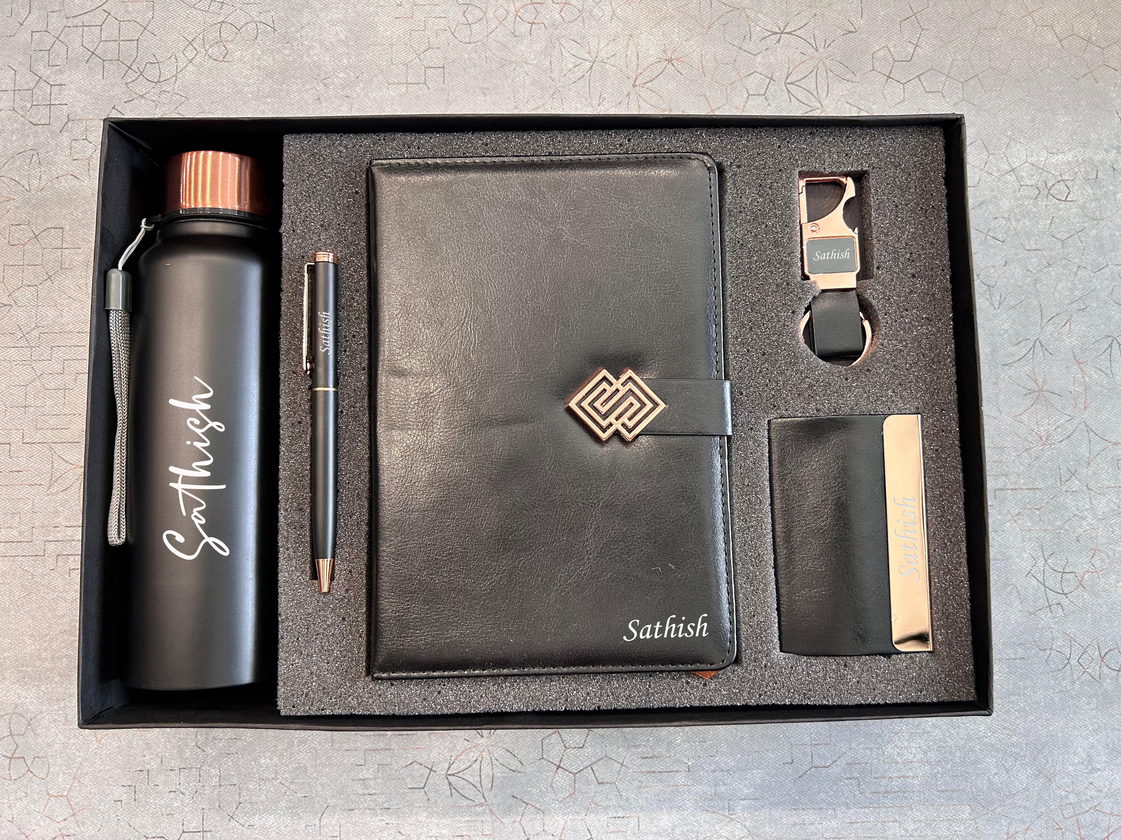 Personalized Premium Corporate Gift Combo Set with Diary, Bottle, Pen & Card Holder  | Custom Name Engraved Gift Hamper
