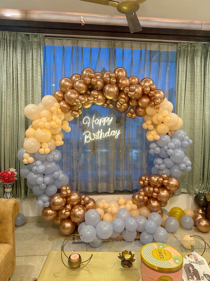 Premium Ring Balloon Decor for Birthday Celebration | Luxury Circular Balloon Backdrop with LED Name Sign And Cake Tables