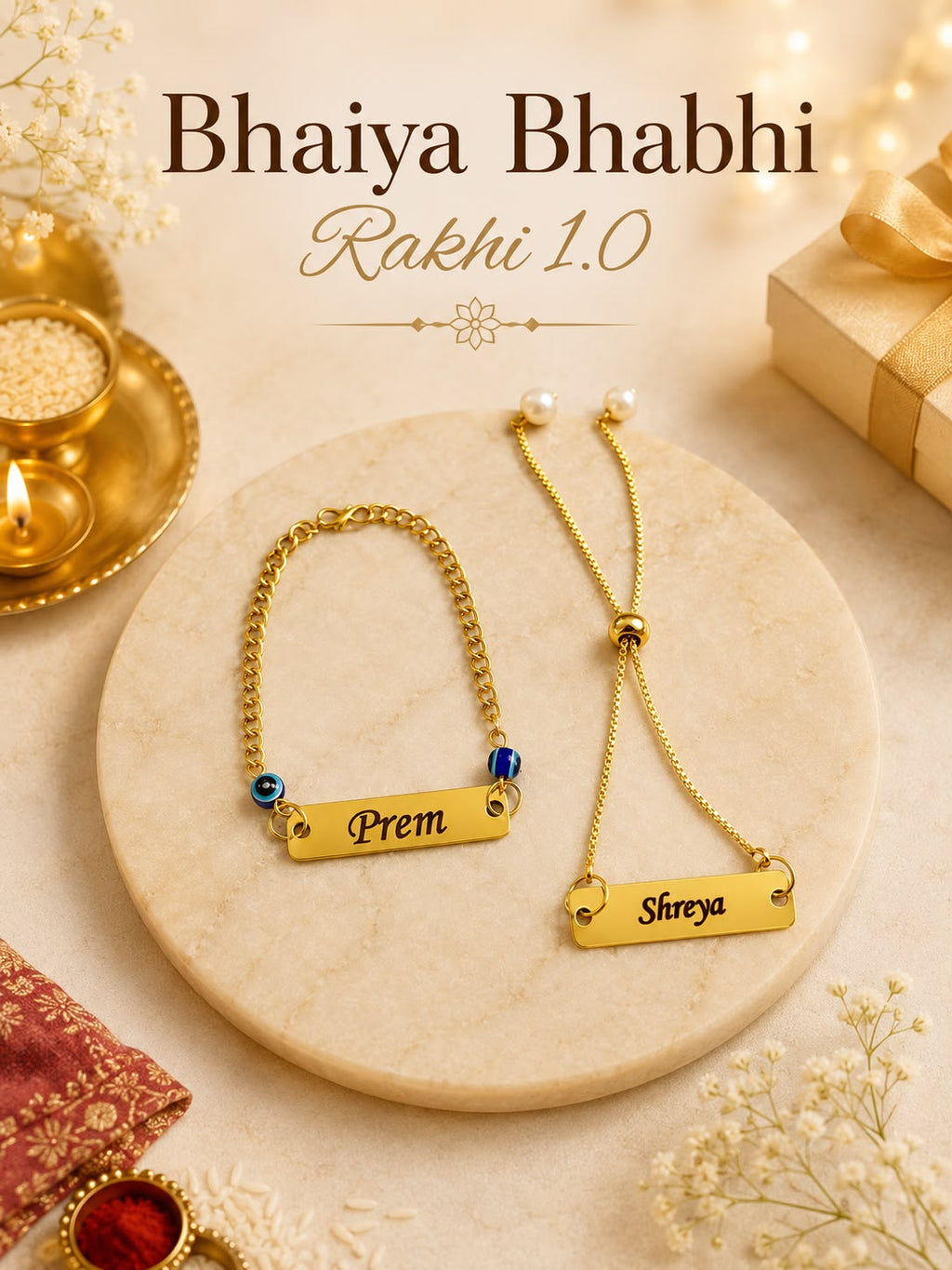 Personalized Bhaiya Bhabhi Rakhi Gift | Custom Name Rakhi Bracelet Set for Brother & Sister-in-Law | Raksha Bandhan Gift | Gifts Galore