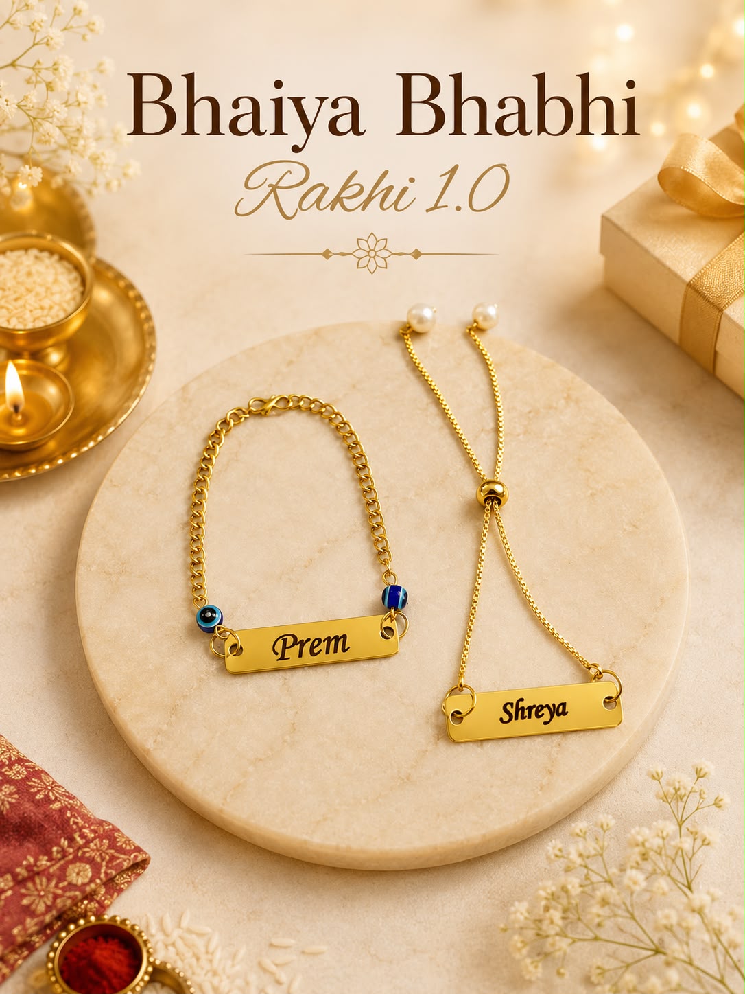 Personalized Bhaiya Bhabhi Rakhi Gift | Custom Name Rakhi Bracelet Set for Brother & Sister-in-Law | Raksha Bandhan Gift | Gifts Galore