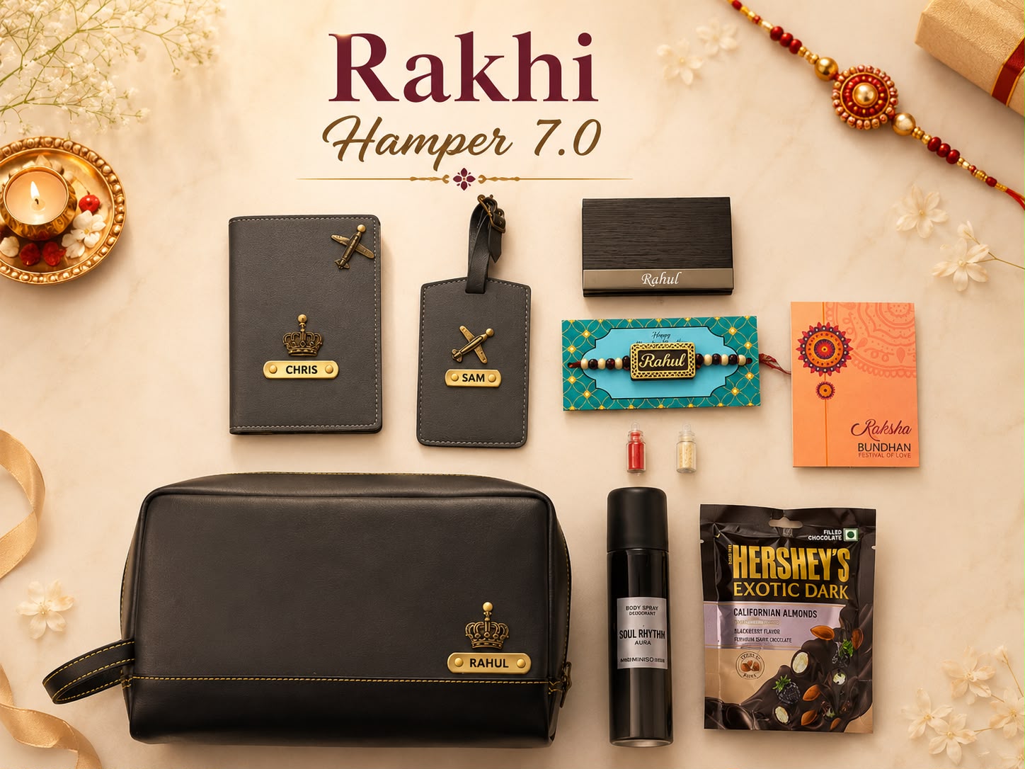 Premium Personalized Rakhi Hamper 7.0 Gift Combo Kit for Brother | Rakhi Gift Set with Passport Cover, Luggage Tag, Wallet, Toiletry Pouch & Chocolates | LG Events & Gifts Galore