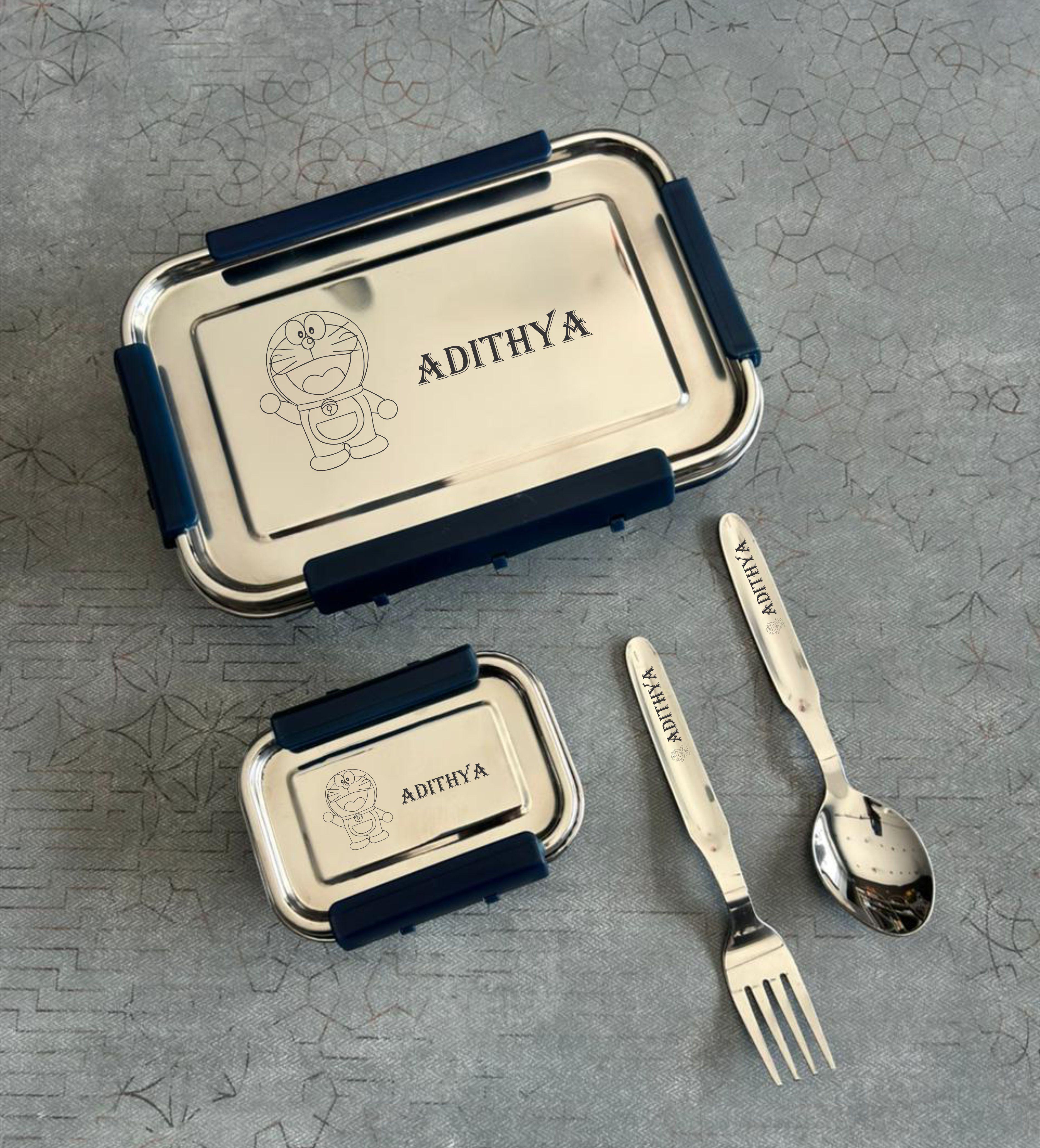 Personalized Stainless Steel Lunch Box Kit for Kids & Corporate Gifting | Custom Name Engraving Lunch Box Set