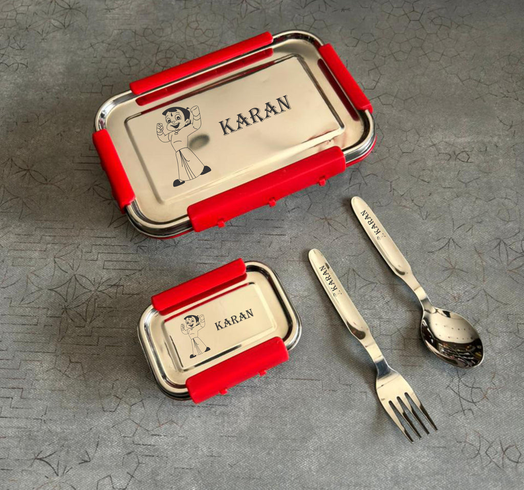 Personalized Stainless Steel Lunch Box Kit for Kids & Corporate Gifting | Custom Name Engraving Lunch Box Set